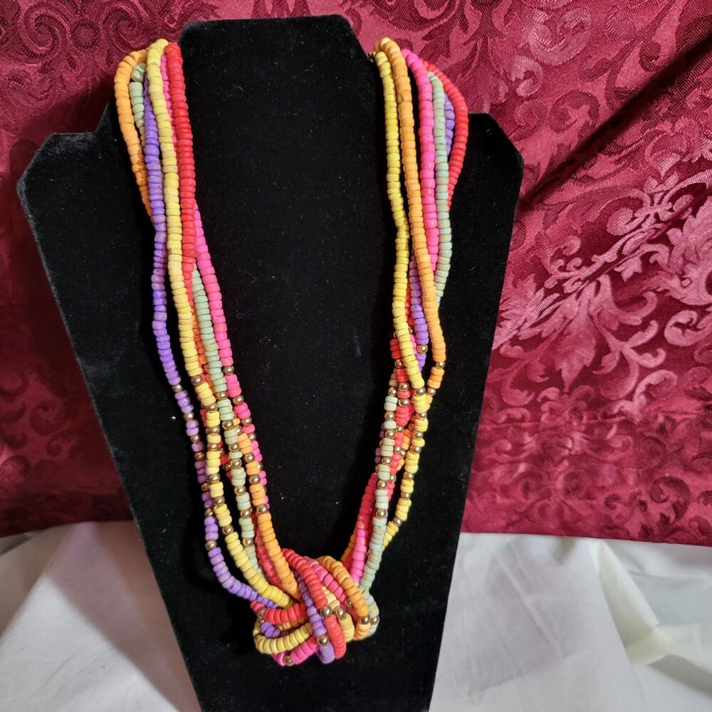 24" Rainbow Wood Beed Multi Strand Knot Necklace